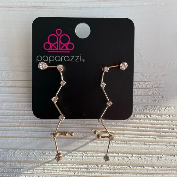 Paparazzi Constellation Earrings Crawler Gold Tone with Faux Diamonds NEW NWT - Picture 1 of 2